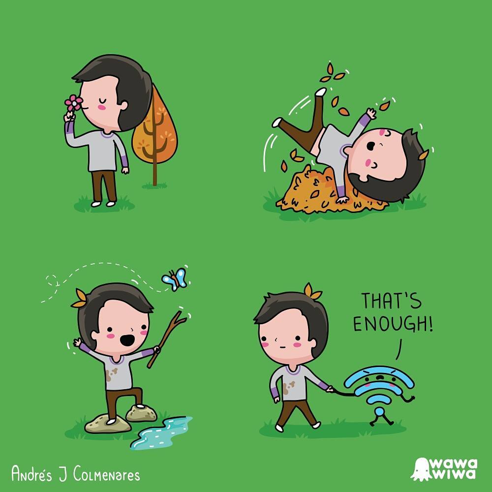 a comic about a Wi-Fi fetching a boy playing outside