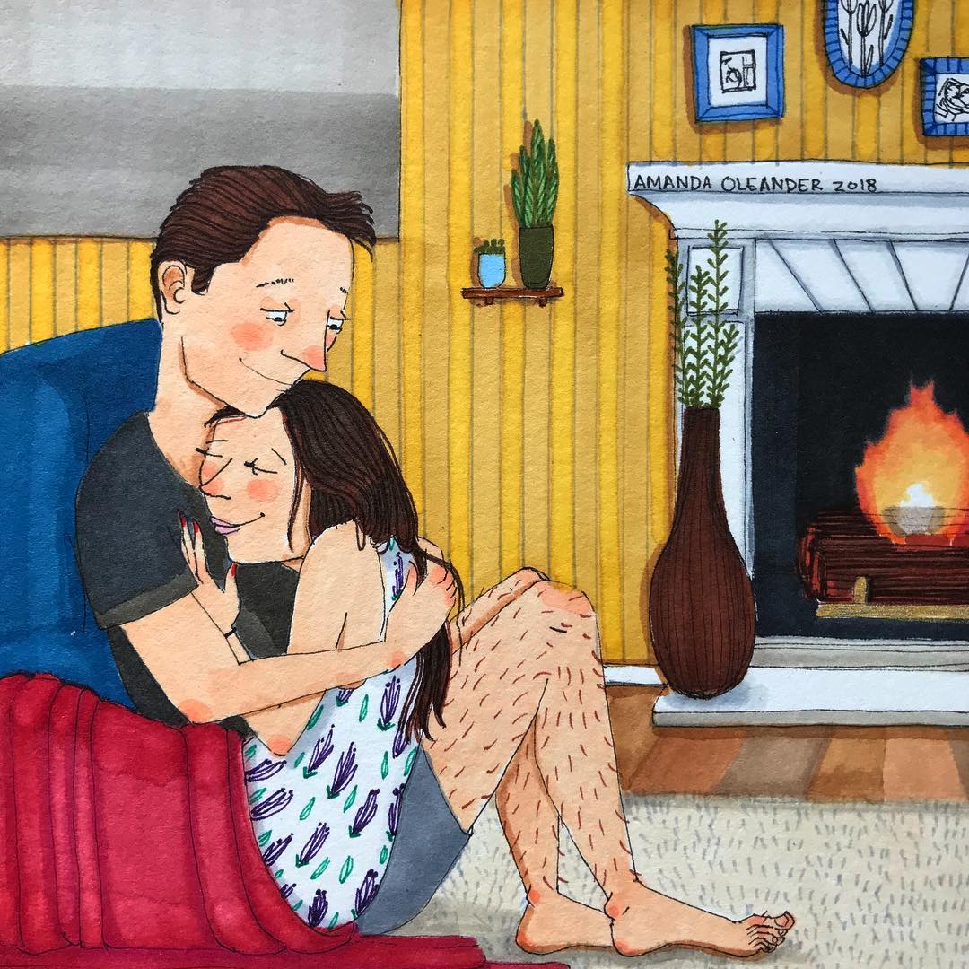artwork of a man and woman hugging near a fireplace