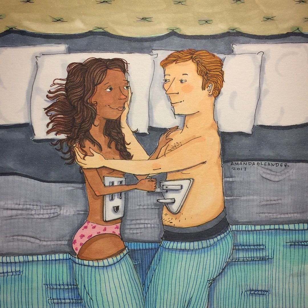 artwork of a woman with electrical outlet on her stomach and a man with electrical cord on his stomach