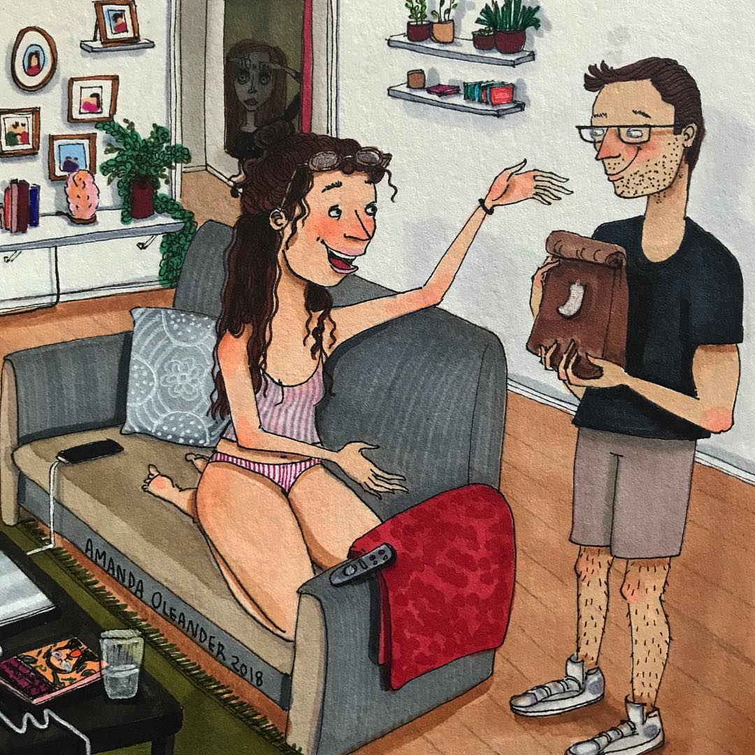 artwork of a man bringing food to his woman