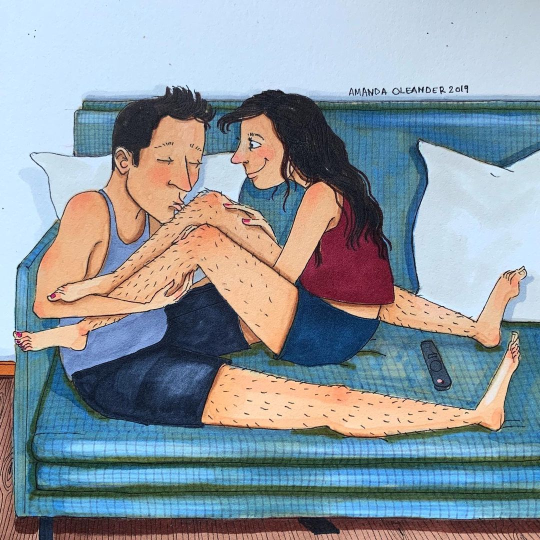 artwork of a man kissing a woman's hairy legs on the couch