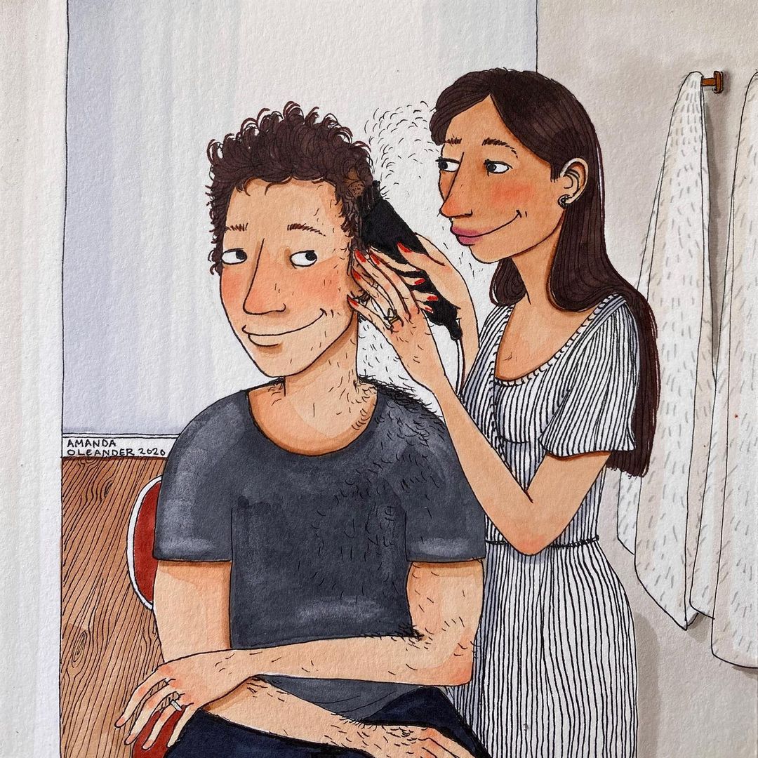 artwork of a woman trimming his man's hair