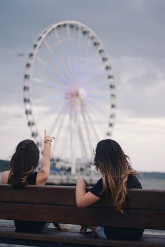 women admiring a Ferris wheel