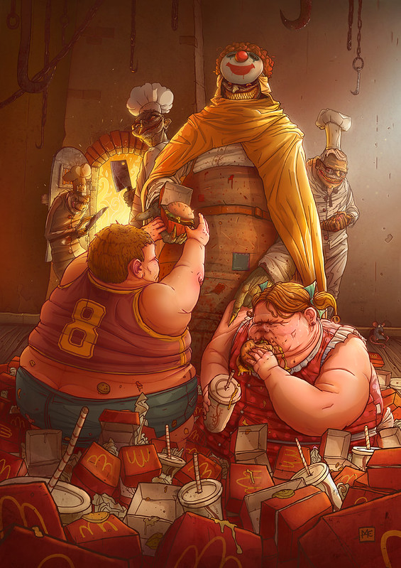 illustration of fat children eating fast food