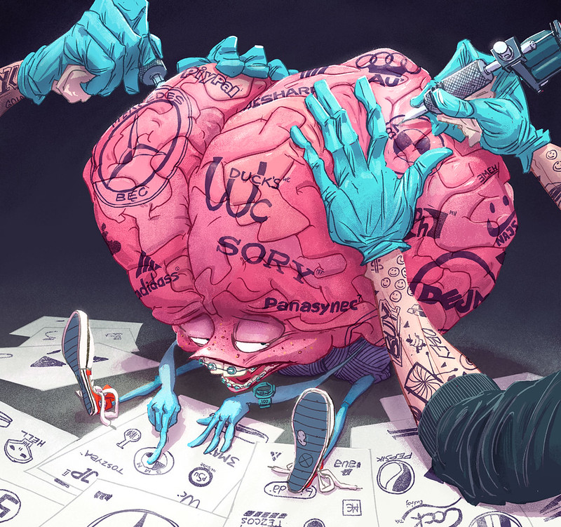 illustration of a brain being tattooed