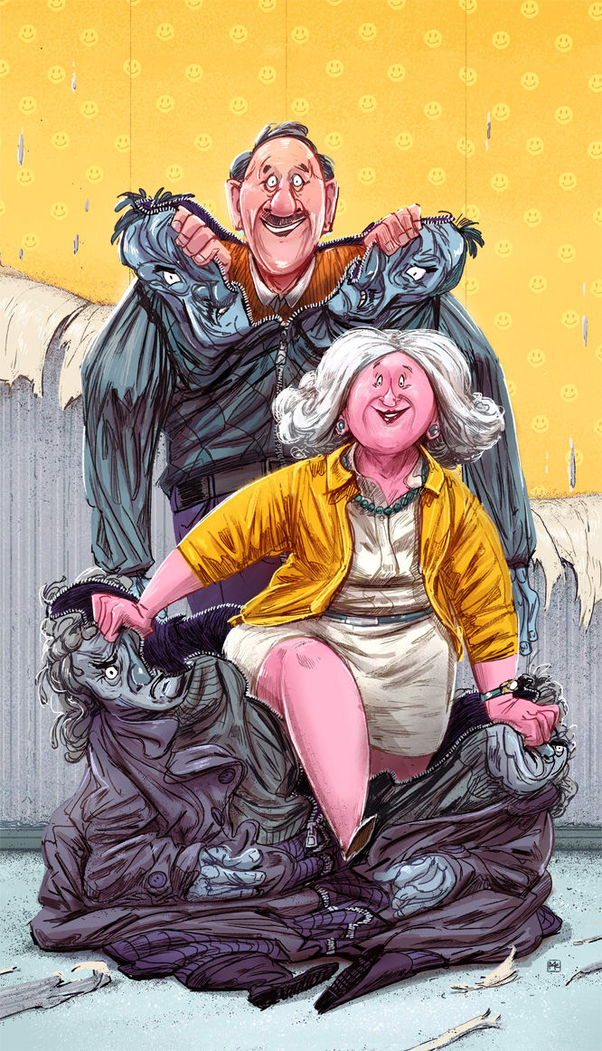 illustration of a man and a woman coming out of their sad past