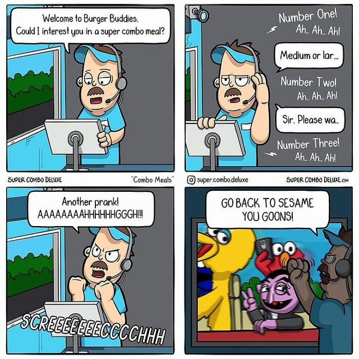 comics of a burger worker being pranked