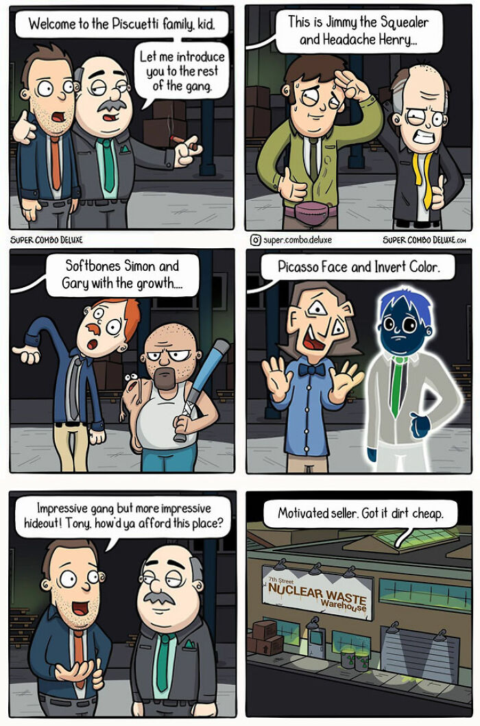 funny comics of a man introducing another man to his gang