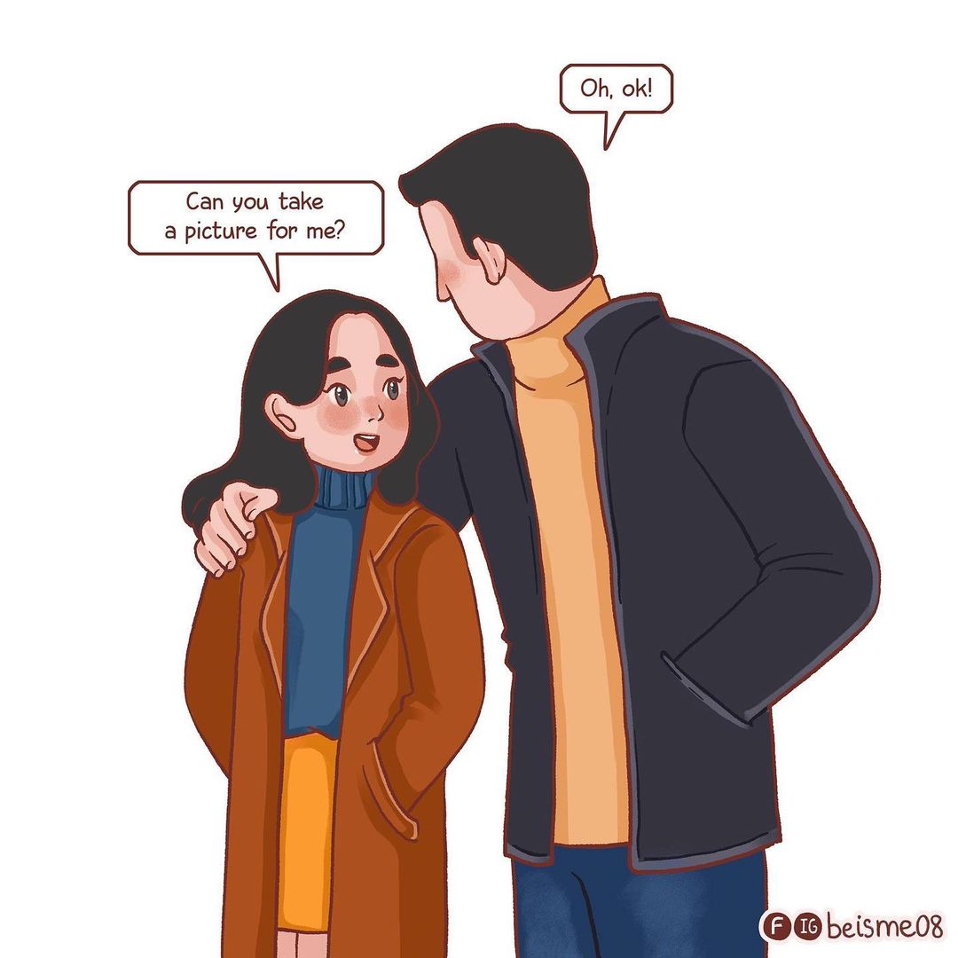 comics of a woman asking his man to take a photo of her