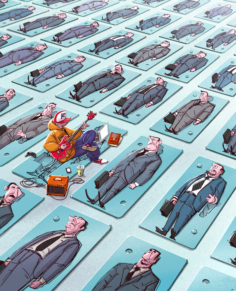 illustration of a man playing the guitar to men lying down in their corporate attires