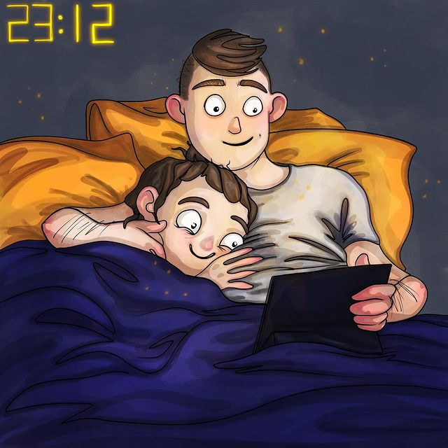 comics of a couple watching movies on bed