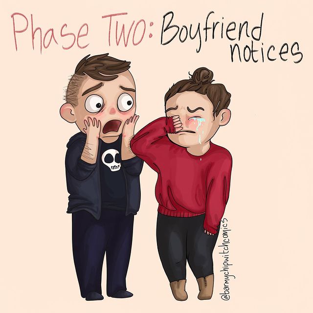comics of a woman crying to her boyfriend