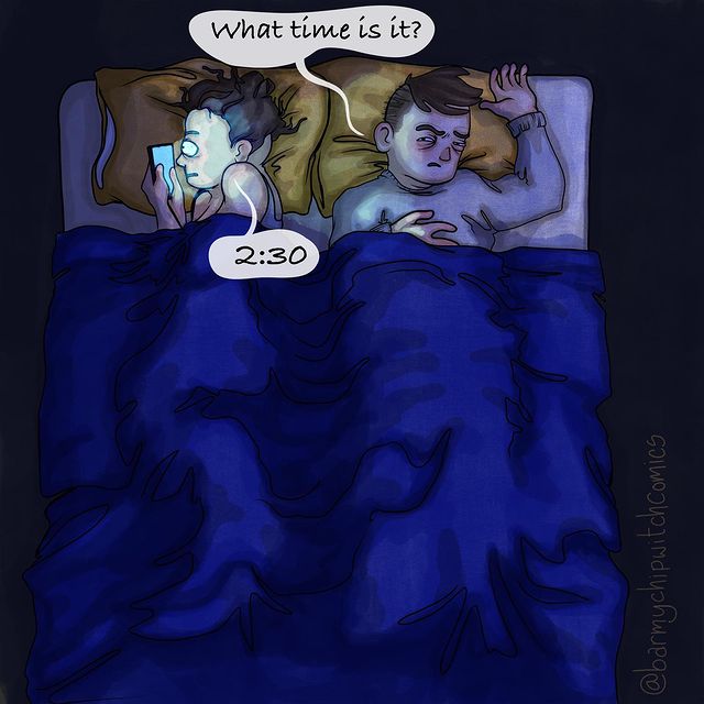 comics of a woman looking at her phone while sleeping next to her man