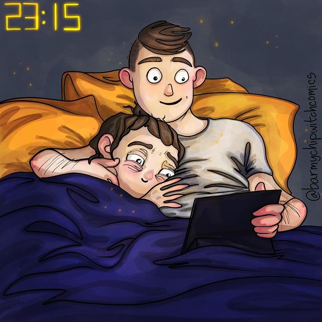 comics of a couple watching movies on bed