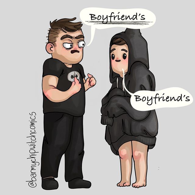 comics of a man talking to his girlfriend for wearing his hoodie