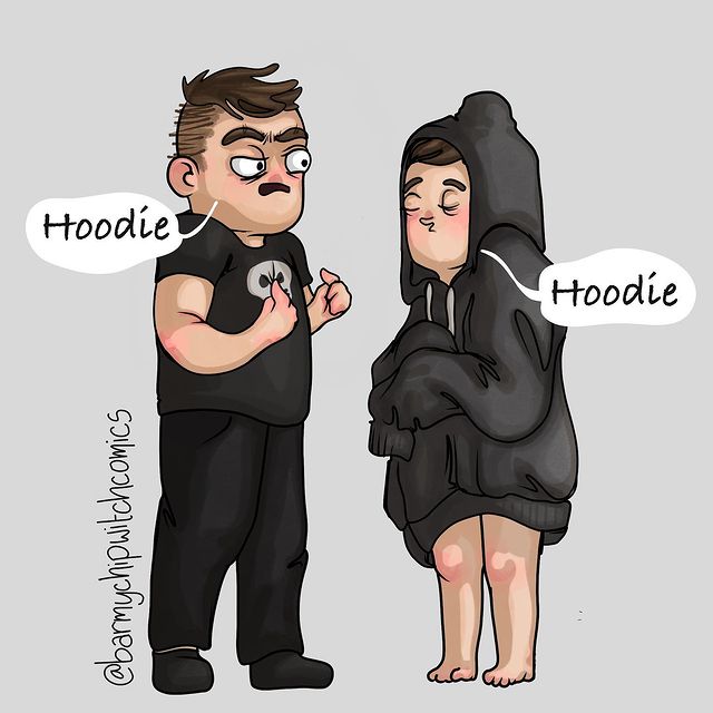 comics of a man talking to his girlfriend for wearing his hoodie