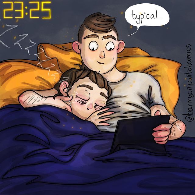 comics of a couple watching movies on bed
