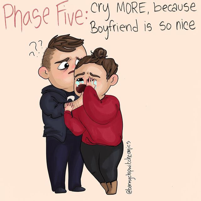 comics of a woman crying to her boyfriend