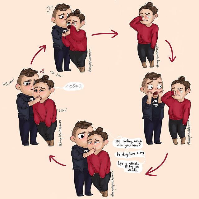 comics of a woman crying to her boyfriend