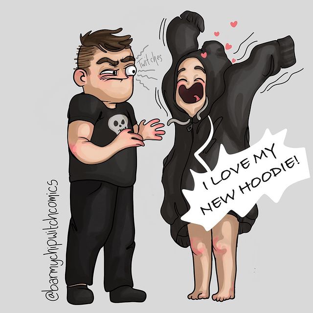comics of a man talking to his girlfriend for wearing his hoodie