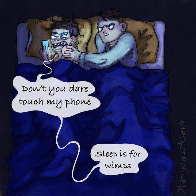 comics of a woman looking at her phone while sleeping next to her man