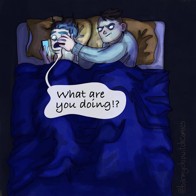 comics of a woman looking at her phone while sleeping next to her man