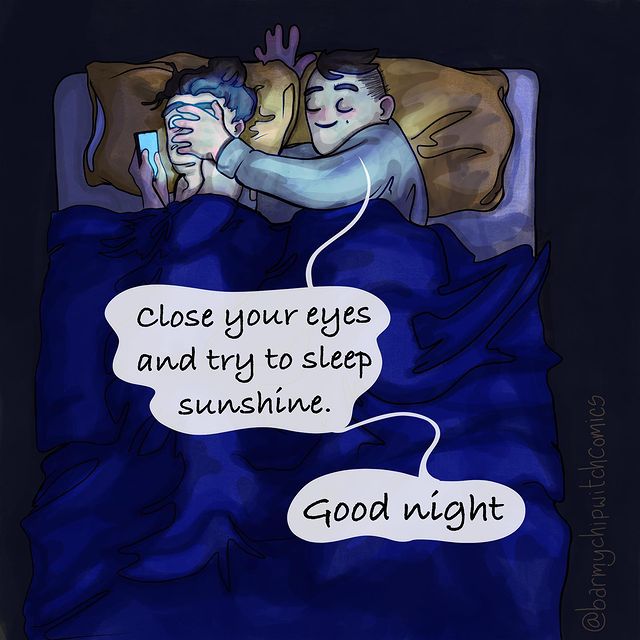 comics of a woman looking at her phone while sleeping next to her man
