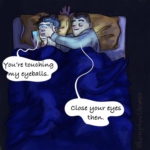 comics of a woman looking at her phone while sleeping next to her man