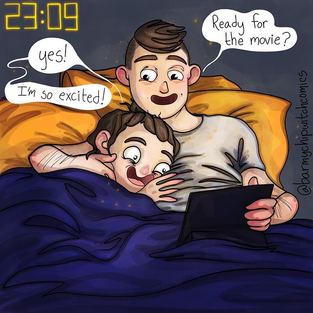 comics of a couple watching movies on bed