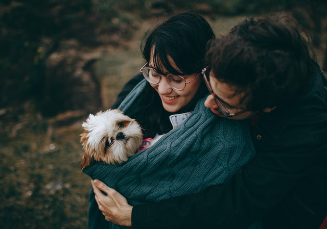 couple hugging a dog
