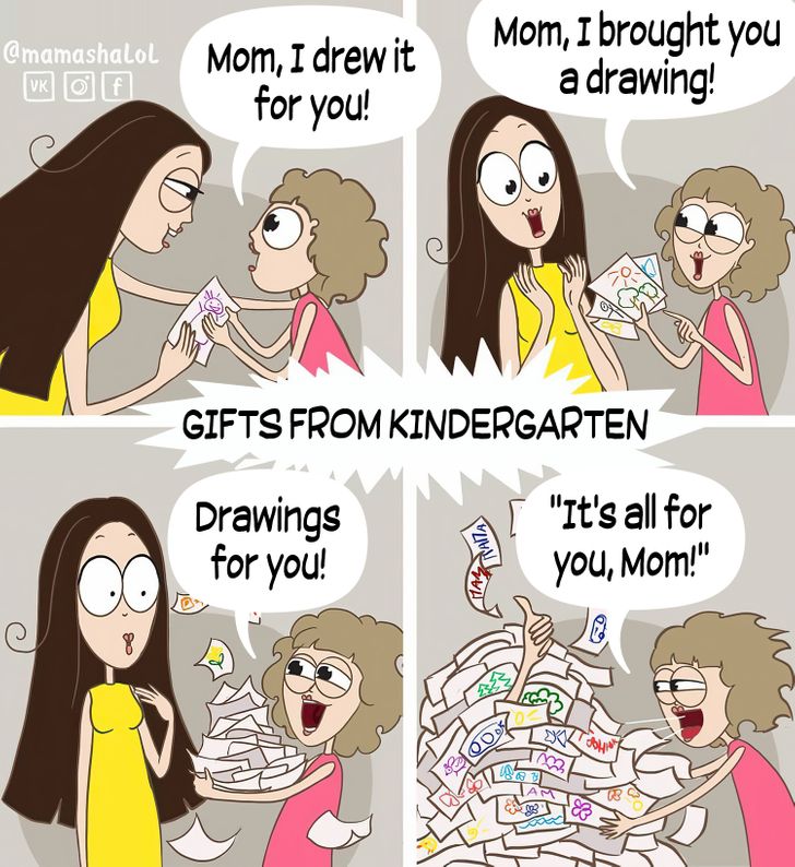 comics of a child giving a drawing to her mom