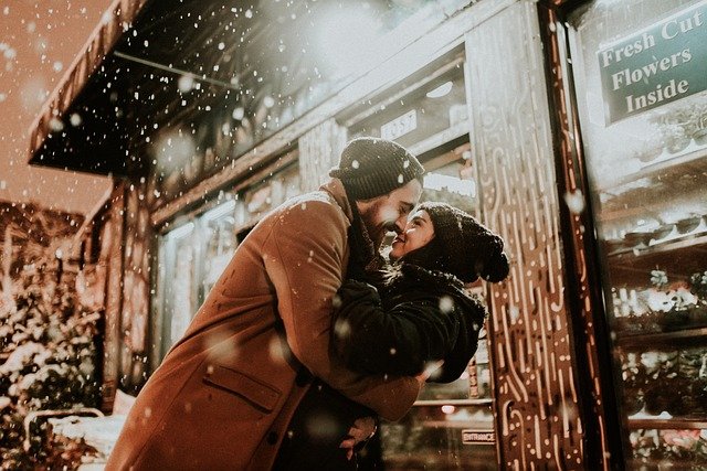 couple hugging on the snow